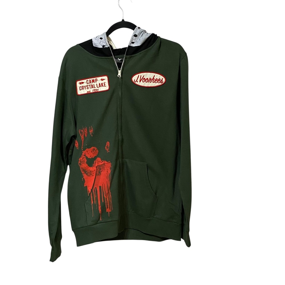 Friday the 13th Jason Voorhees Camp Crystal Lake Zip Hoodie Green Mens Medium